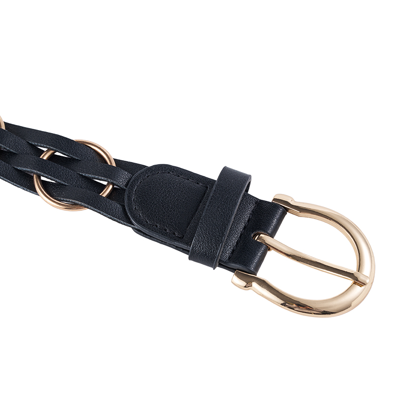 Cinturón de cadena de cuero tejido con anillo dorado