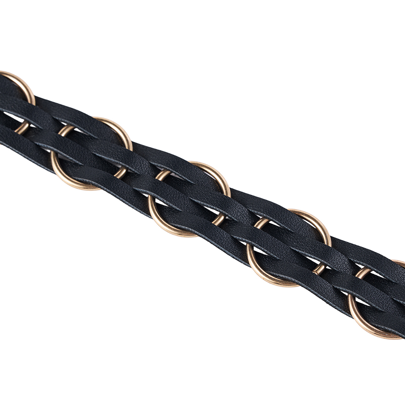 Cinturón de cadena de cuero tejido con anillo dorado
